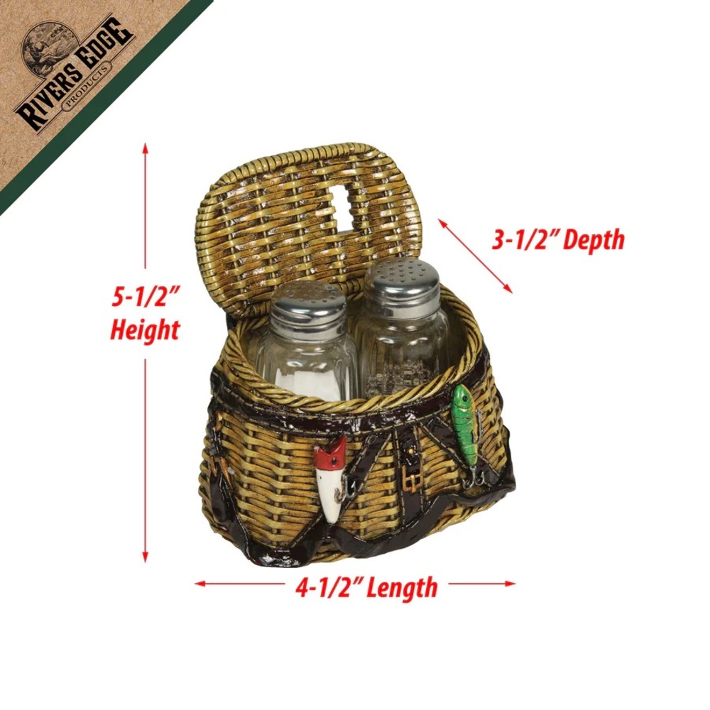 Rivers Edge Products Salt & Pepper Shakers, Creel Basket, Poly Resin & Glass Set